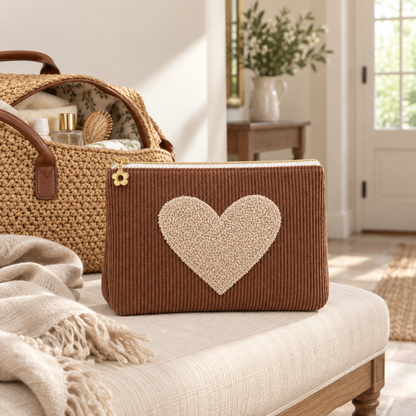 Kosmetiktasche Herzstück aus Cord mit Teddyherz in Choco – im gemütlichen Landhausambiente