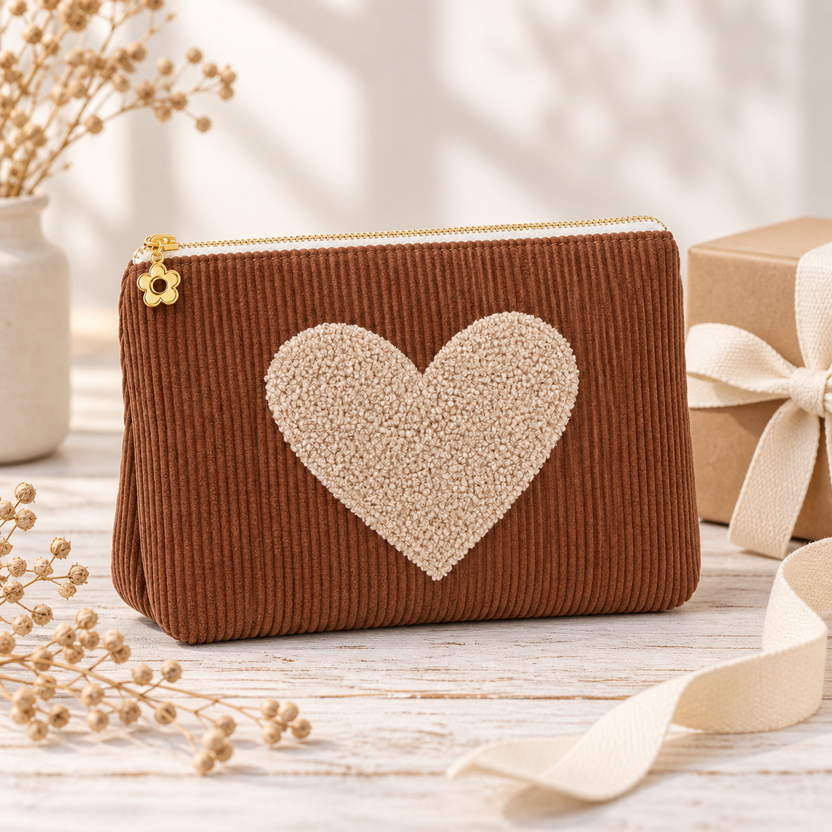 Kosmetiktasche Herzstück aus Cord mit Teddyherz in Choco – als Geschenk