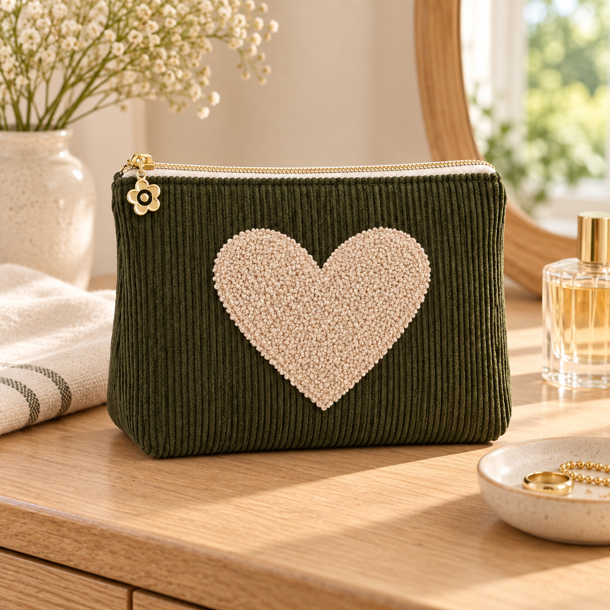 Kosmetiktasche Herzstück aus Cord mit Teddyherz in Khaki – auf dem Schminktisch