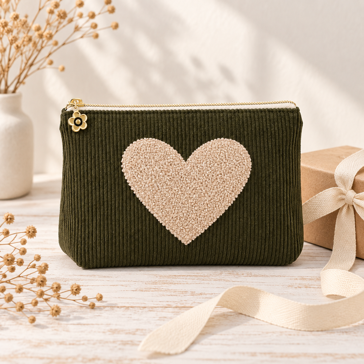 Kosmetiktasche Herzstück aus Cord mit Teddyherz in Khaki – als Geschenk