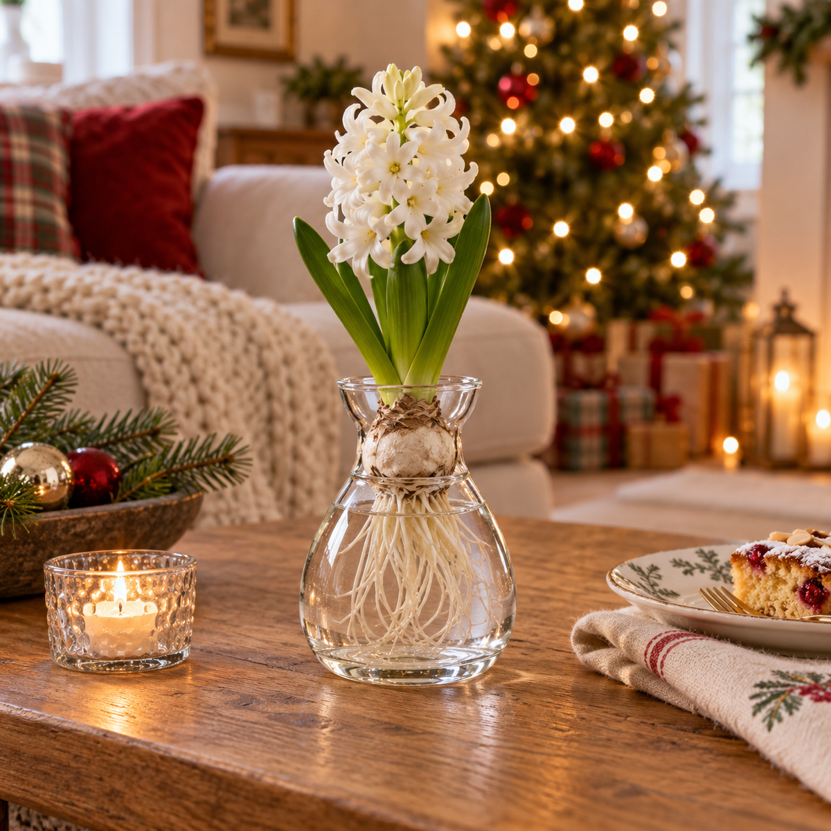 Klare mundgeblasene Hyazinthenvase Nordic Bloom in einer weihnachtlichen Wohnzimmerszene
