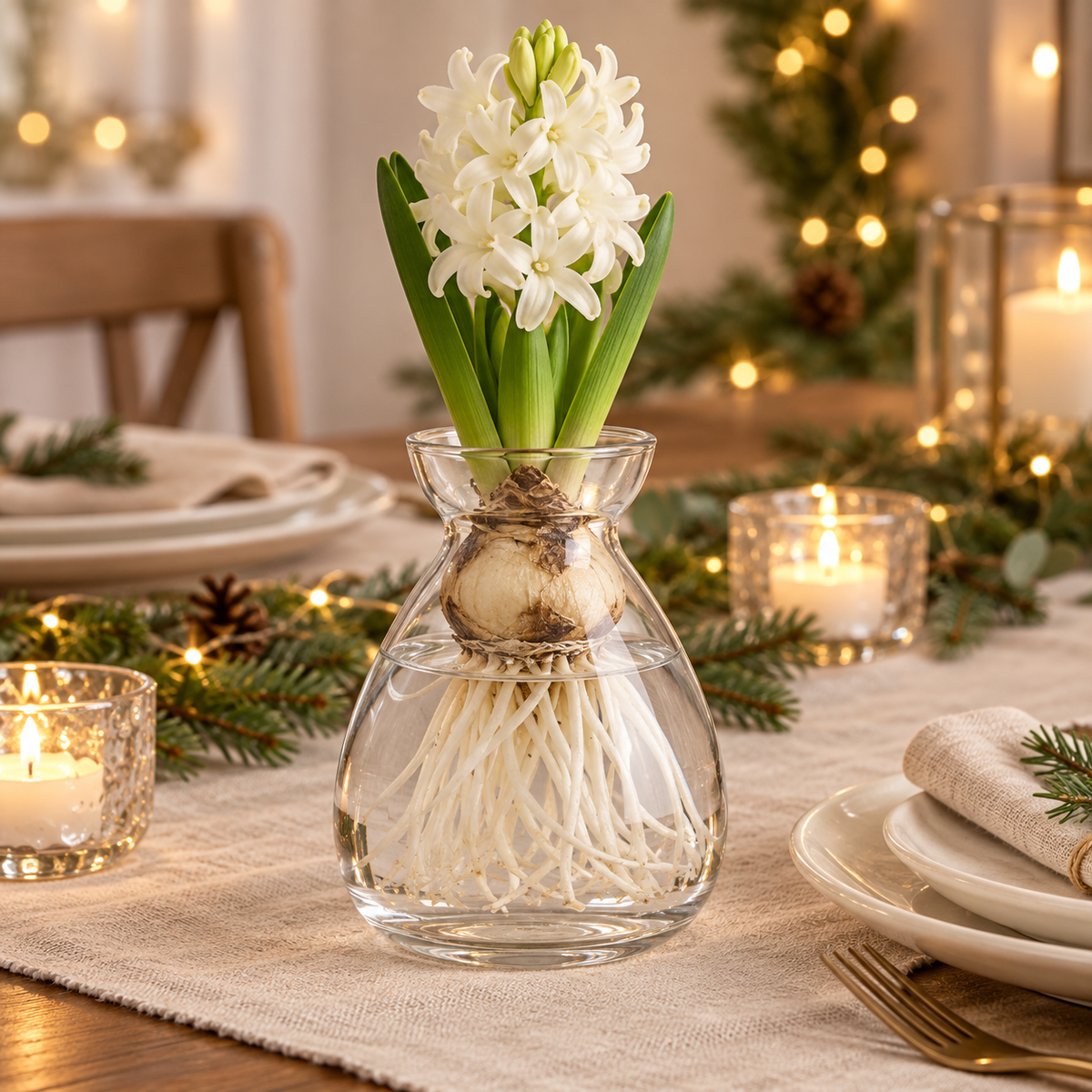 Klare mundgeblasene Hyazinthenvase Nordic Bloom auf einer festlich gedeckten Weihnachtstafel
