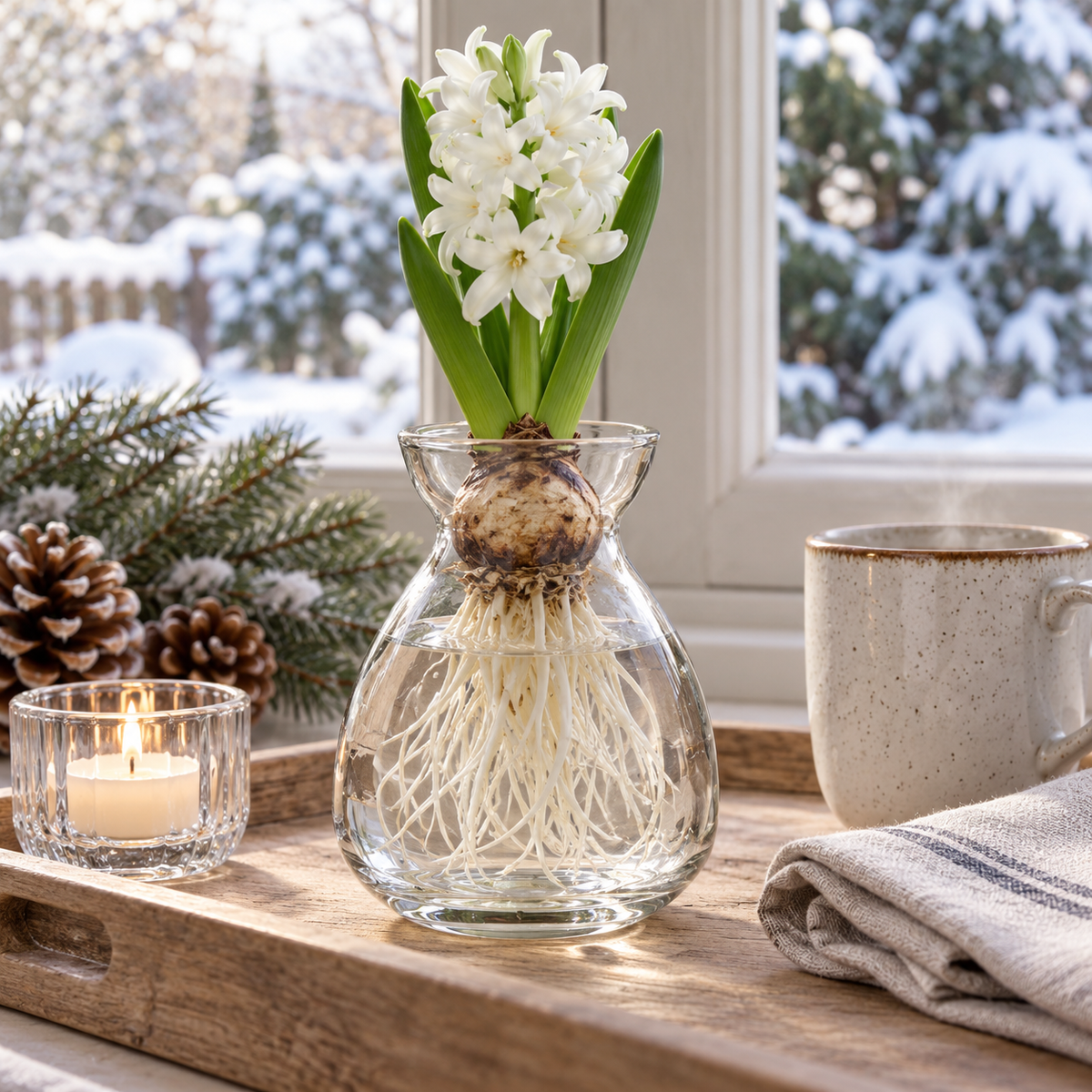 Klare mundgeblasene Hyazinthenvase Nordic Bloom in einer gemütlichen Dekoration am Winterfenster