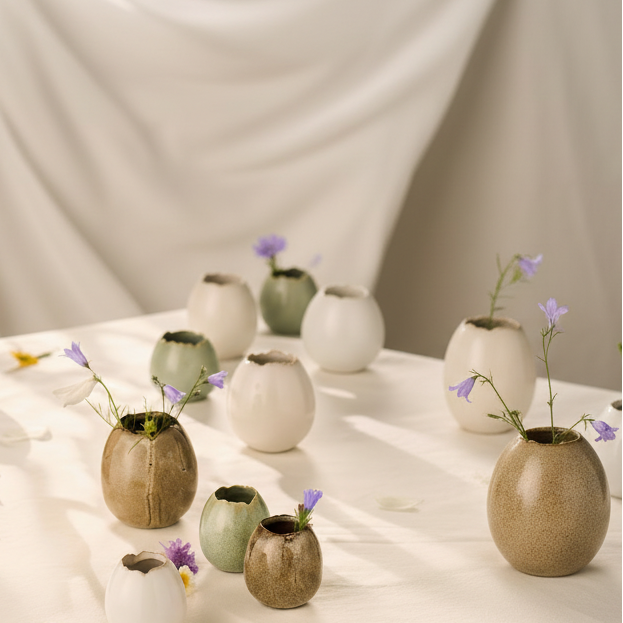 Große, glasierte Keramik-Blumenvase Eiform "Bloom" von IB Laursen in Creme und zwei weiteren Farben, stilvoll und dekorativ