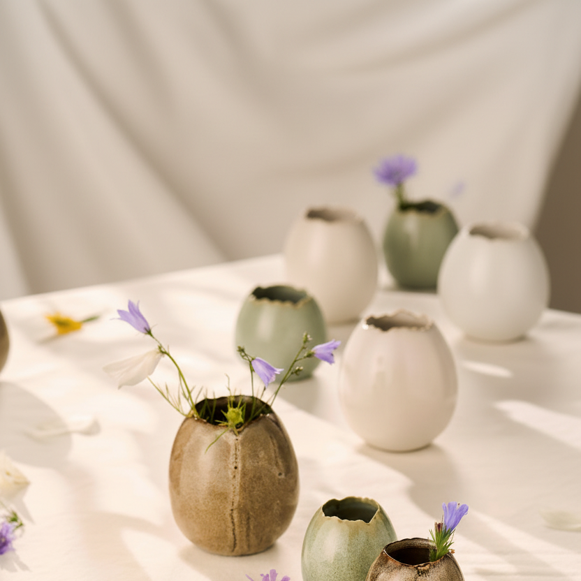 Große keramische Blumenvase Eiform "Bloom" von IB Laursen in cremefarben, glasiert, mit drei Farben, dekoratives Garten- oder Wohnaccessoire.