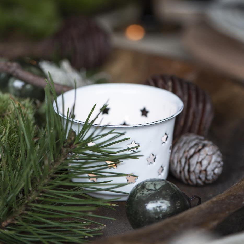 Teelichthalter Schale „Nordic Star“ Emaille Weiß - Wohnen auf dem Land