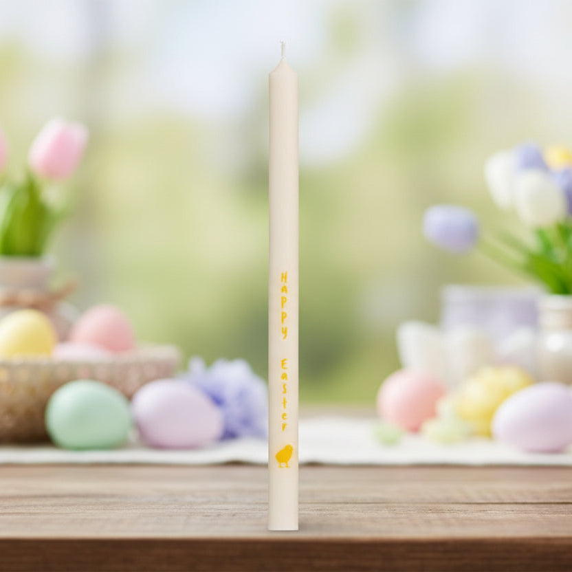 Hochwertige IB Laursen Stabkerze "Happy Easter" aus Stearin, dünn, 13 mm, in hellem Design für festliche Dekoration