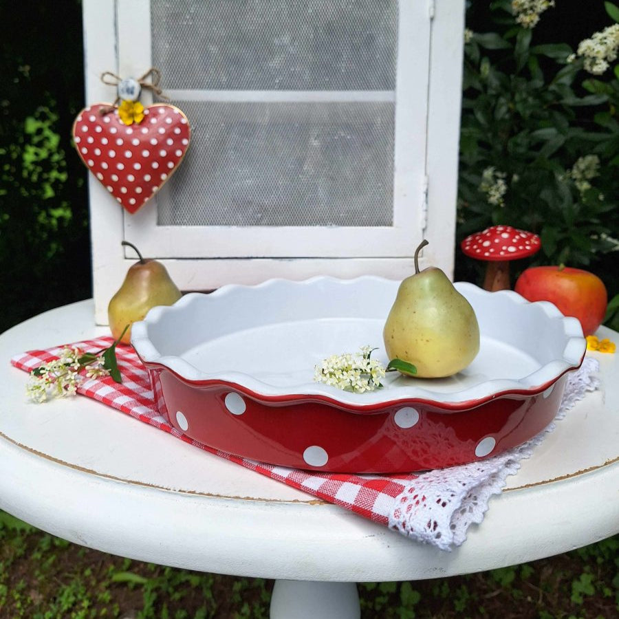 Auflaufform Backen Schale "Polka Dots" Keramik Rot Groß 30cm - Wohnen auf dem Land