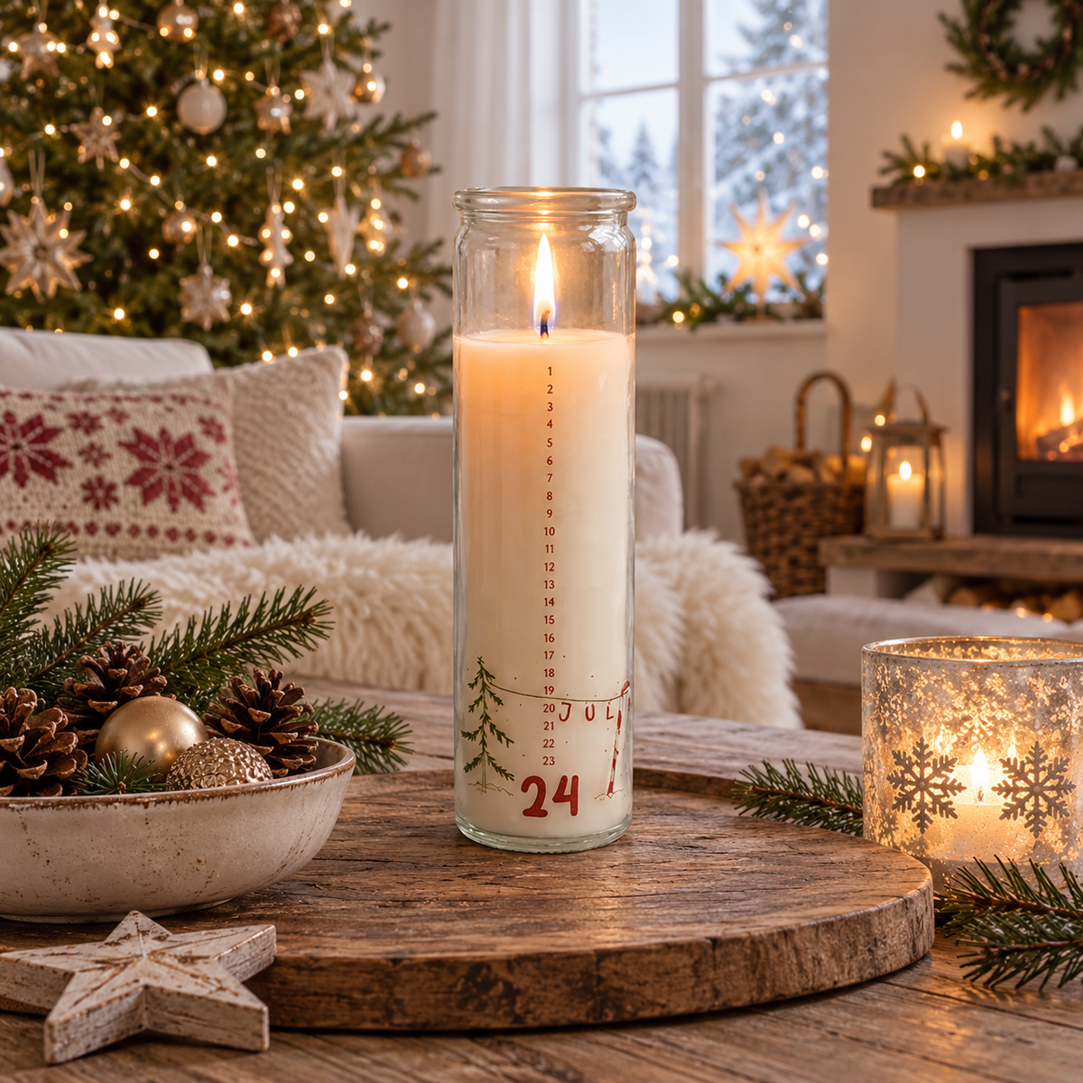Kalenderkerze im Glas „Julefred“ Advent 21cm im weihnachtlichen Landhausambiente