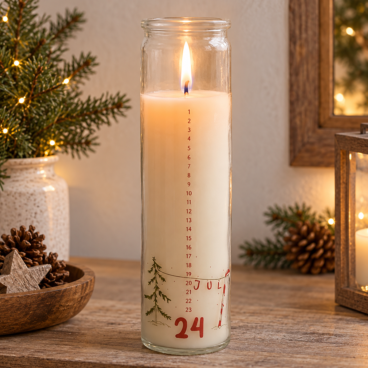 Kalenderkerze im Glas „Julefred“ Advent 21cm in einer winterlichen Nahaufnahme