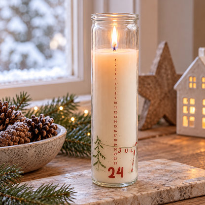 Kalenderkerze im Glas „Julefred“ Advent 21cm aus anderer Perspektive im winterlichen Setting