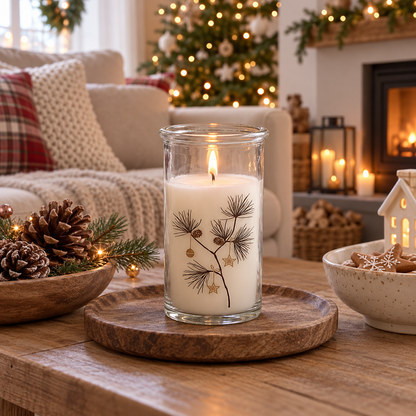 Kerze im Glas „Julens Stjerner“ Zweige und Sterne 10cm im weihnachtlichen Landhausambiente