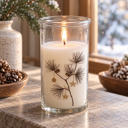 Kerze im Glas „Julens Stjerner“ Zweige und Sterne 10cm aus anderer Perspektive im winterlichen Setting