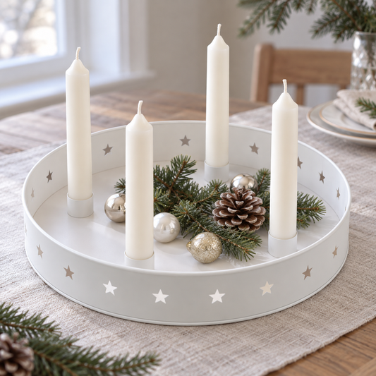 Weiße Sternenschale mit vier cremefarbenen Stabkerzen auf einem Adventstisch.