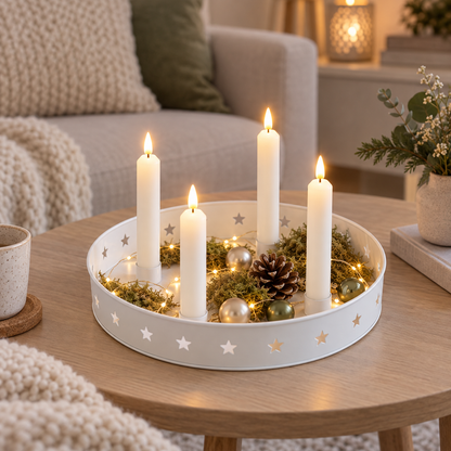 Sternenschale mit vier LED-Stabkerzen und feiner Lichterkette auf einem Couchtisch.