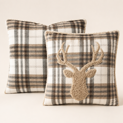 Kissen 2er Set Hirsch Karo in Beige freigestellt