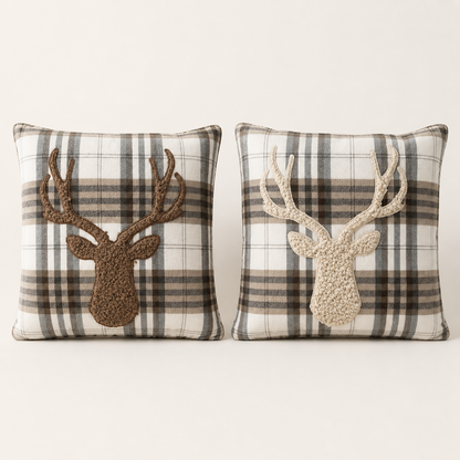 Kissen Hirsch Karo in Beige und Braun, 45 x 45 cm – 01 freisteller beide varianten