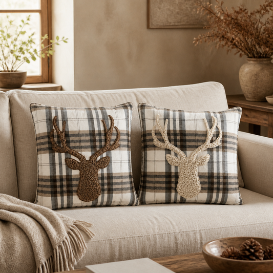 Kissen Hirsch Karo in Beige und Braun, 45 x 45 cm – 04 ambiente weit