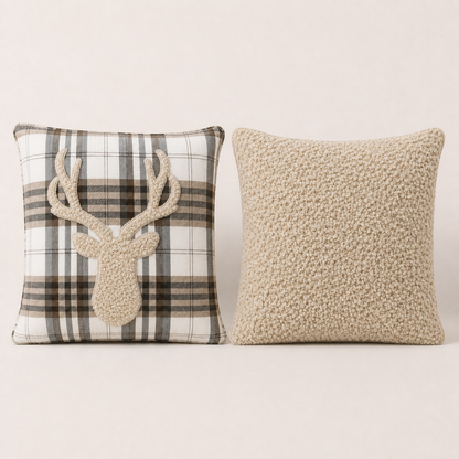 Kissen Hirsch Karo Variante Beige – Vorderseite mit hellem Hirsch und hellbeige grobe Teddy-Rückseite