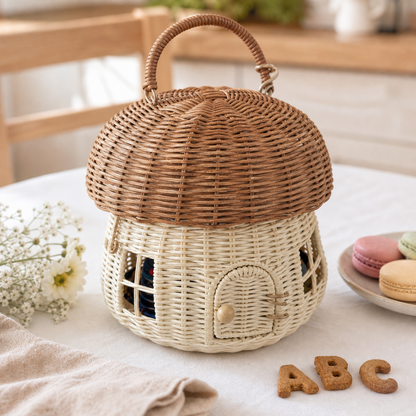 Korb Haus Pilz Mushroom aus Rattan in gemütlicher Landhaus-Küchenstimmung