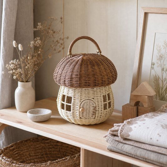 Rattan Korb Haus Pilz Mushroom im hellen Skandi-Landhaus Ambiente