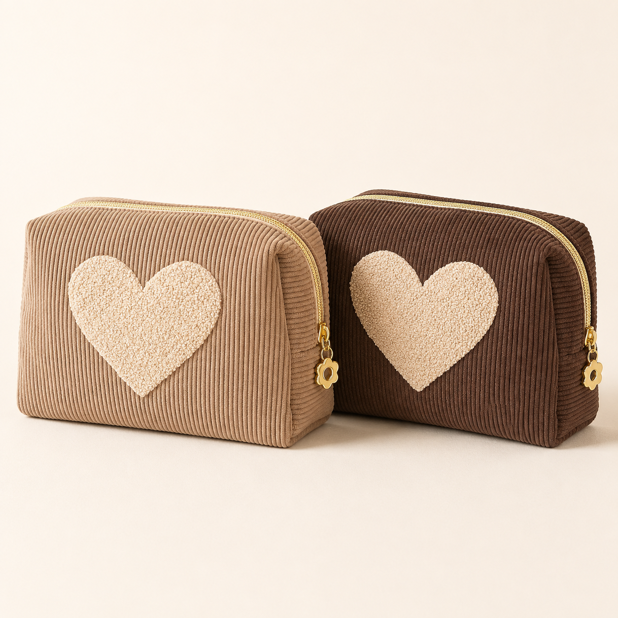 Kosmetiktasche Herzstück aus Cord in Cappuccino und Mokka