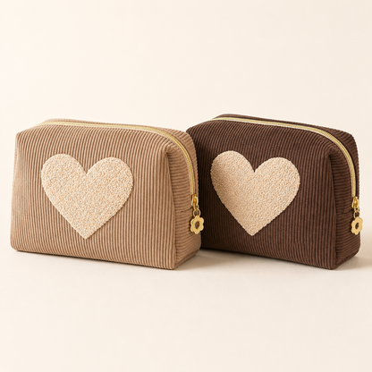 Kosmetiktasche Herzstück aus Cord in Cappuccino und Mokka
