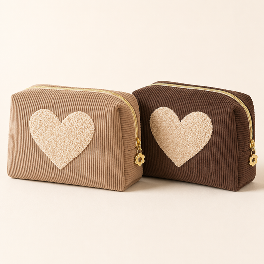 Kosmetiktasche Herzstück aus Cord in Cappuccino und Mokka