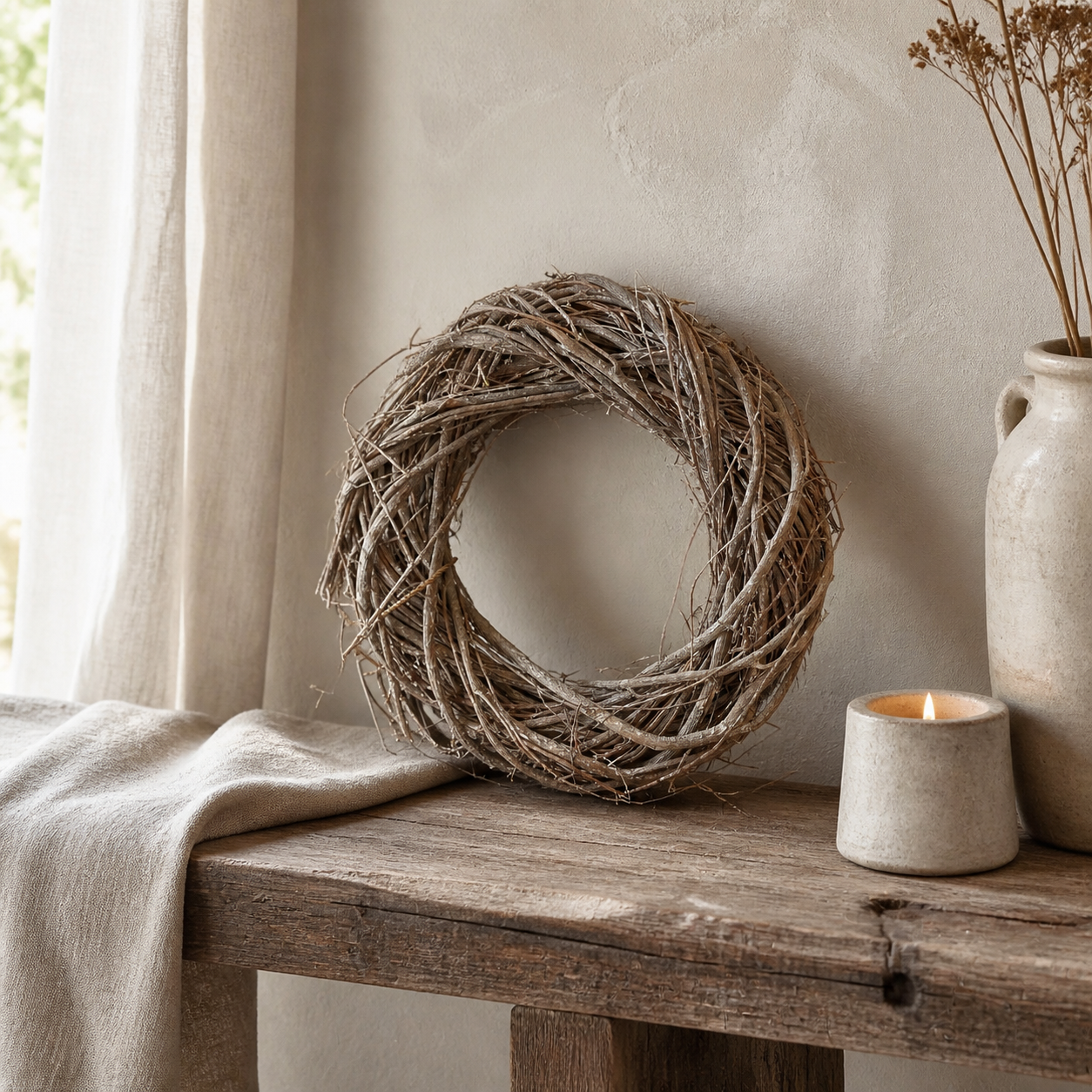 Kranz Willow Rattan Natur geweißt 20cm im ruhigen Landhaus Ambiente