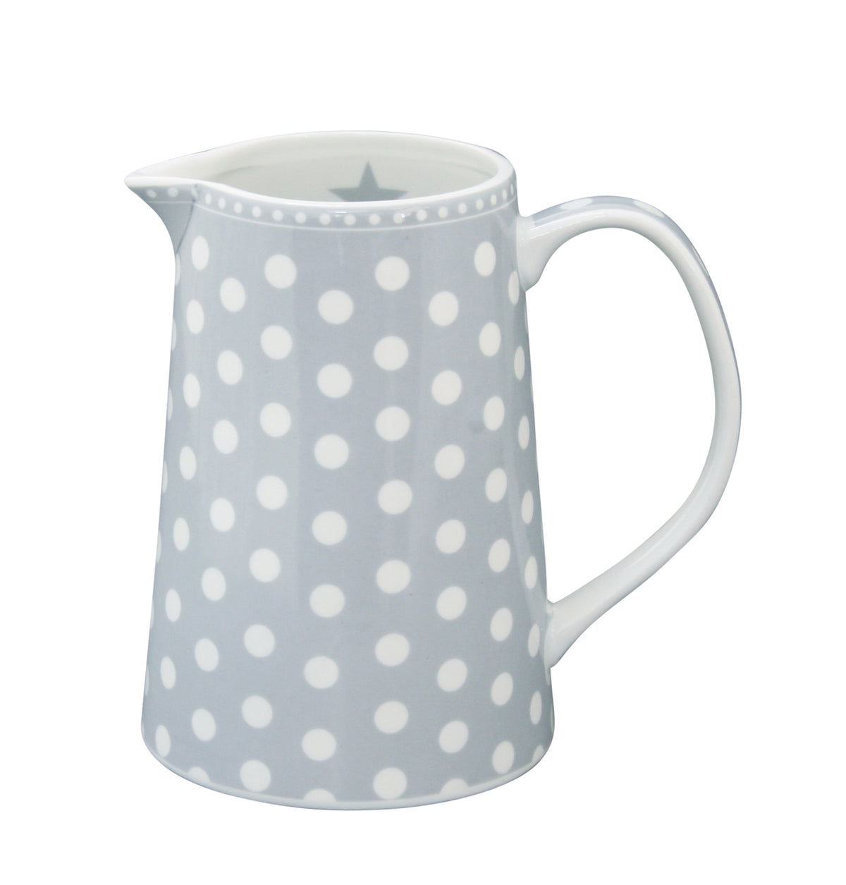 Weiße und graue Keramik-Kanne "Dots Grey" von Krasilnikoff, 800 ml Geschirr mit grauem Punktmuster.