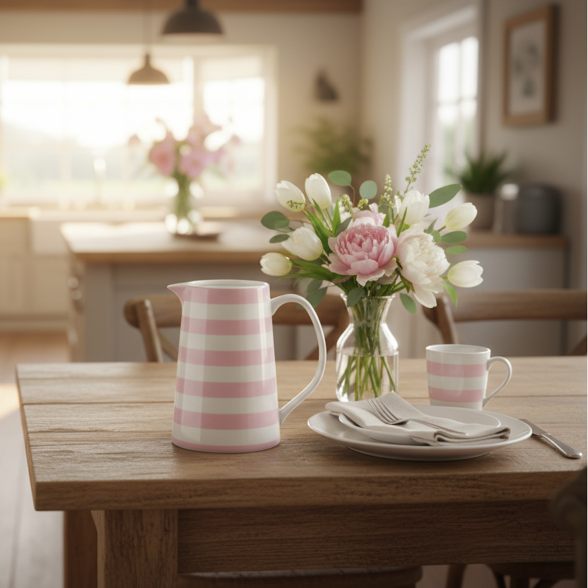 Weiße Keramik-Kanne im rosa-gestreiften Design, 800ml, von Krasilnikoff, ideal für Getränke und Dekoration.