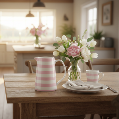 Weiße Keramik-Kanne im rosa-gestreiften Design, 800ml, von Krasilnikoff, ideal für Getränke und Dekoration.