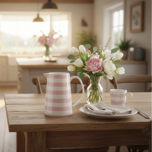 Kanne Krug Jug "Striped Pink" Keramik Weiß Rosa 800ml