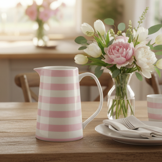 Weiße Keramik-Kanne im rosa-weiß gestreiften Design, 800ml, Krasilnikoff Geschirr, ideal für Getränke und Dekoration