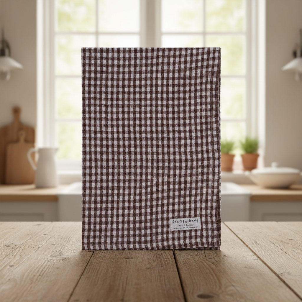 Geschirrtuch "Medium Check" von Krasilnikoff mit braunem Karomuster, aus Textilien, für Küche und Haushalt.