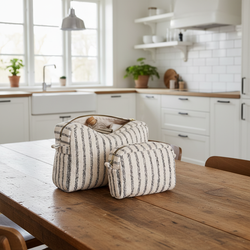 Zwei Kulturbeutel "Nador" Sand Mix von Wohnen auf dem Land, praktische Taschen für Reise- und Badzubehör, in Sandfarben.