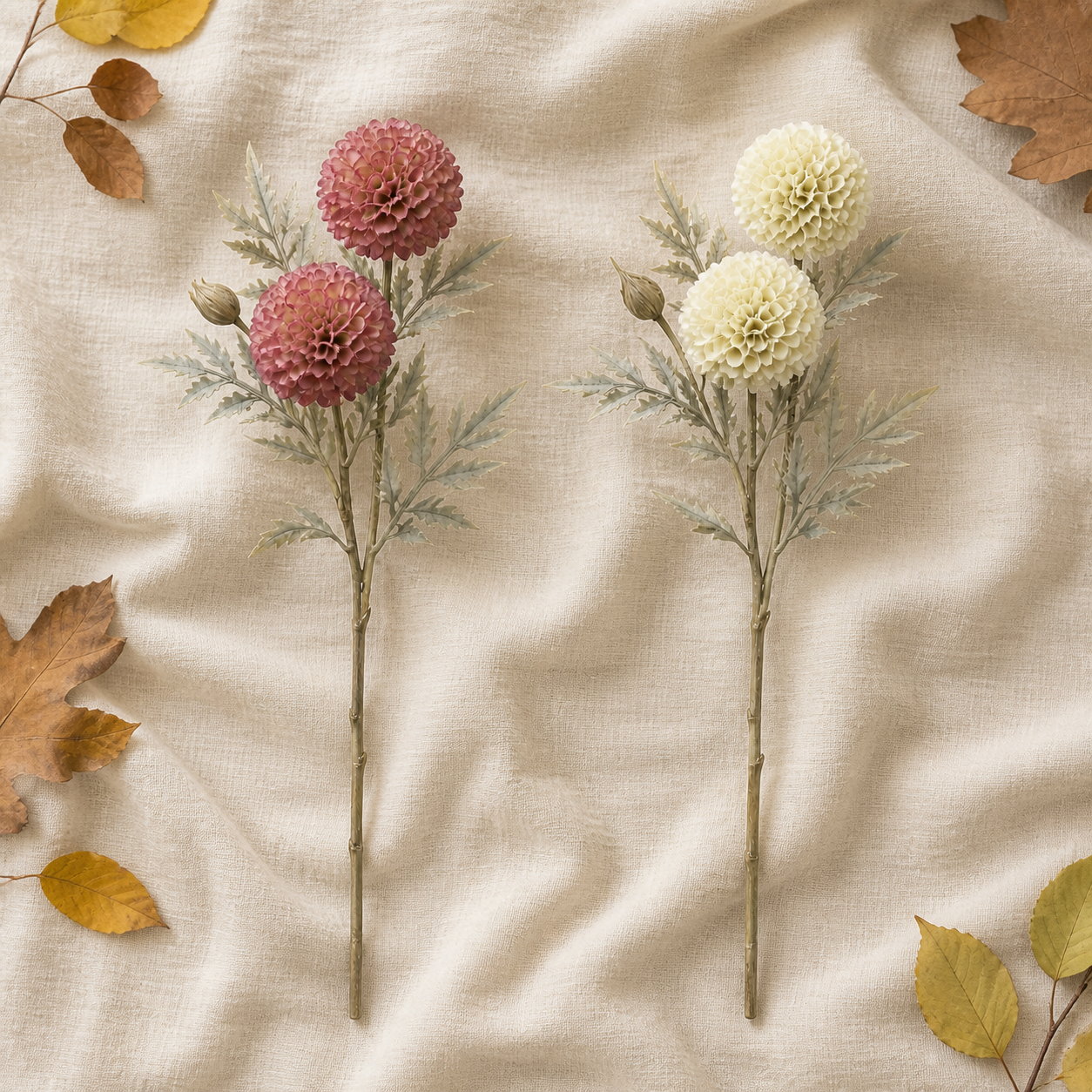 Kunstzweig Dahlie Juliette in Altrosa und Beige mit je zwei Blüten – 03 ambiente draufsicht v2