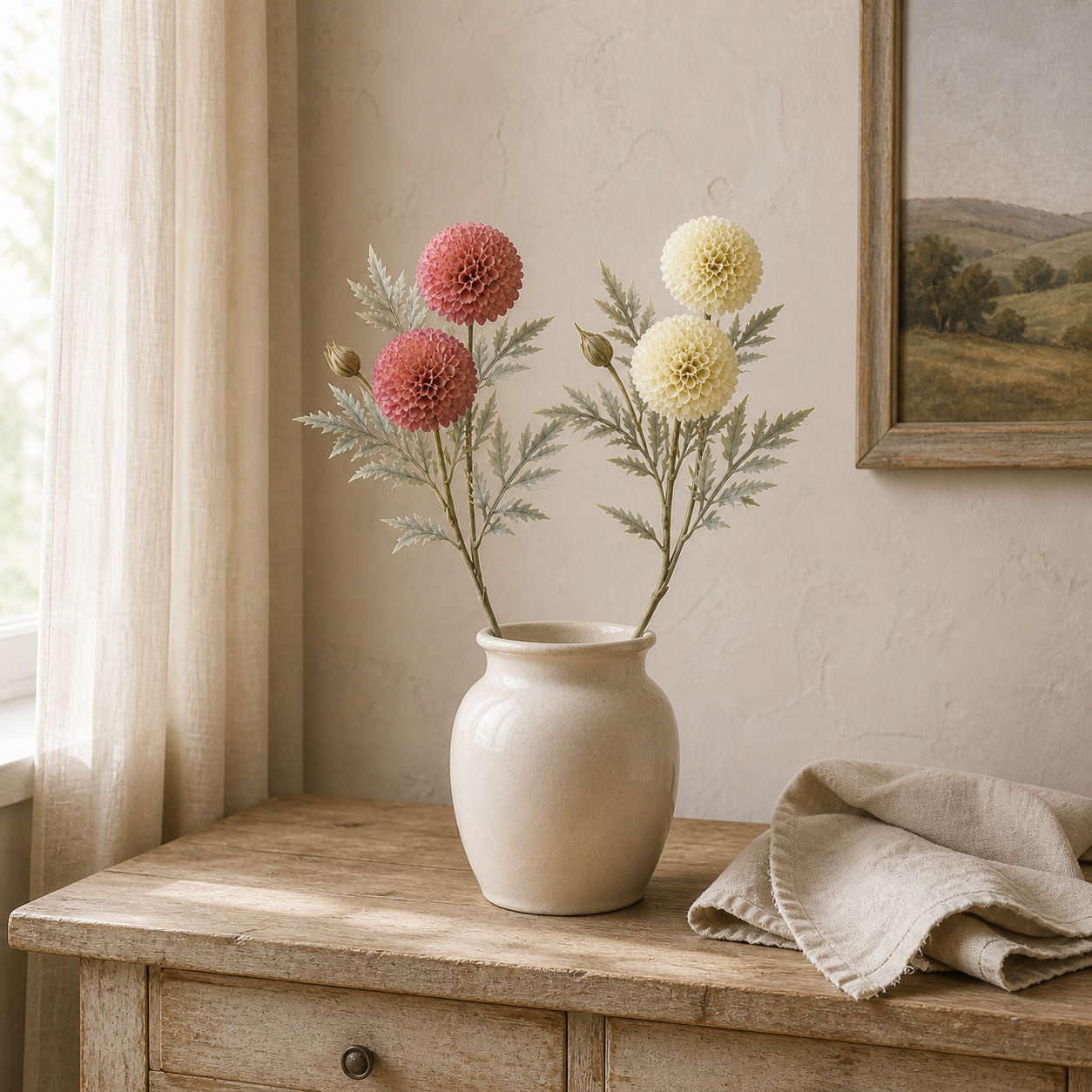 Kunstzweig Dahlie Juliette in Altrosa und Beige mit je zwei Blüten – 04 ambiente weit v2