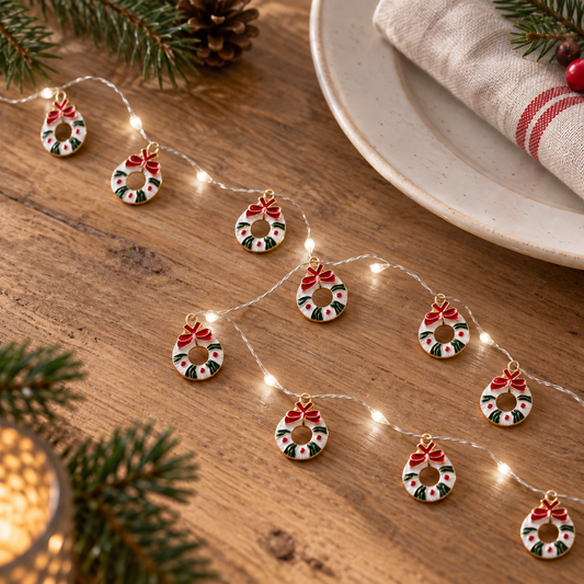 LED Lichterkette „Kranzzauber“ Weihnachtskränze Rot Grün Weiß Warmweiß 130cm mit Timer – auf einem gedeckten Wintertisch
