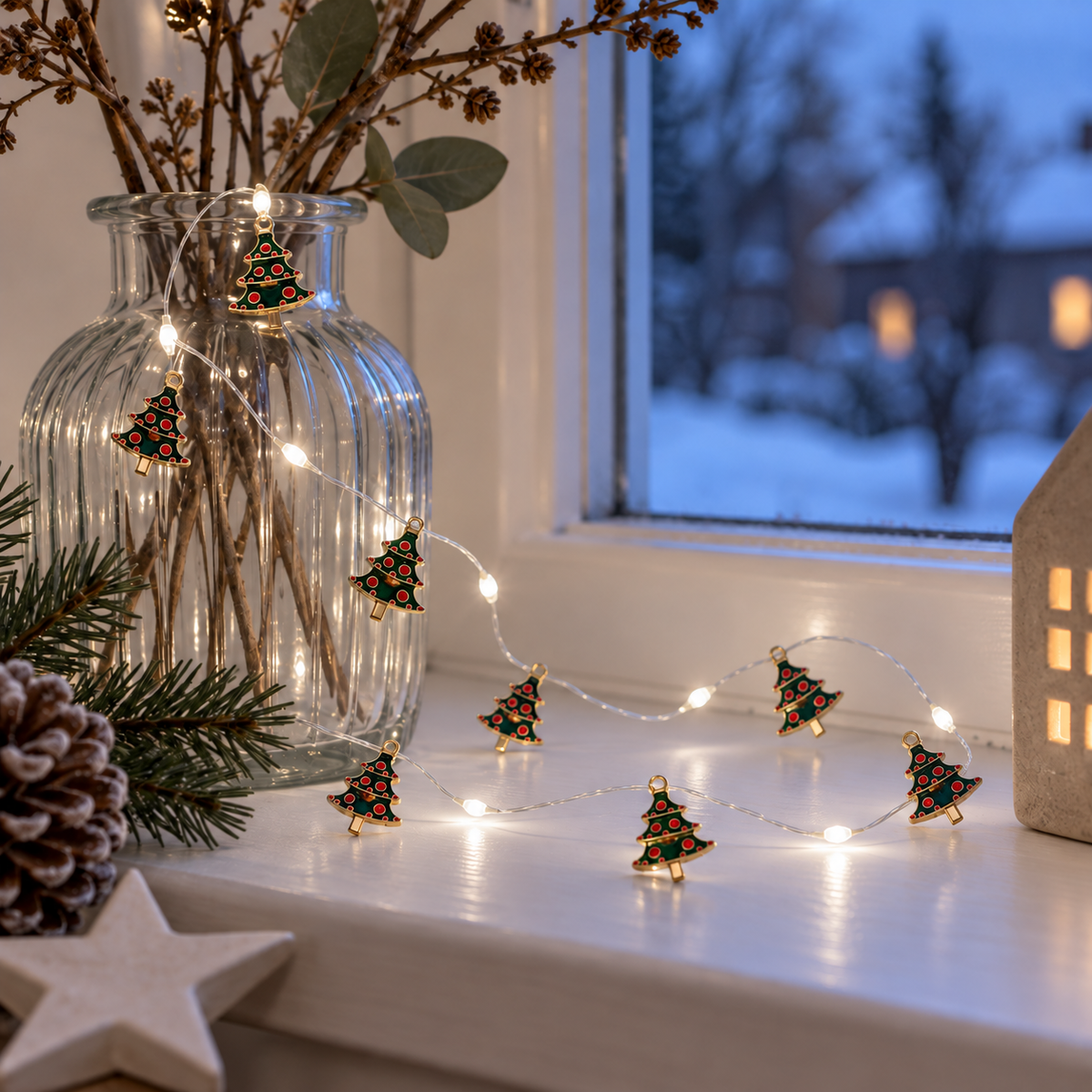 LED Lichterkette „Tannenfunkeln“ Tannenbäume Grün Warmweiß 130cm mit Timer – am winterlichen Fenster