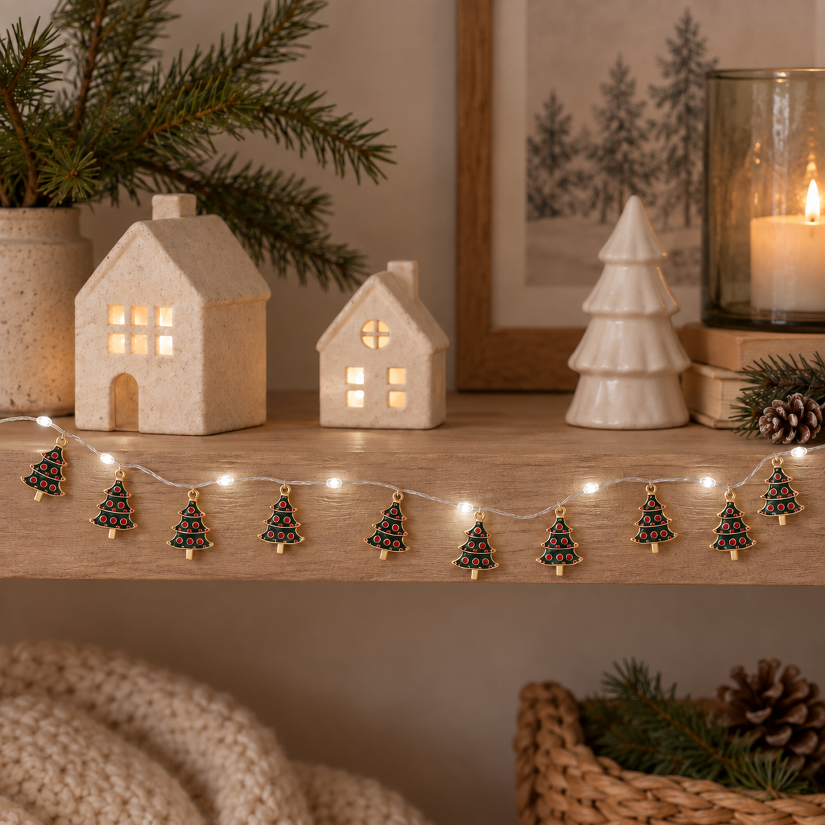 LED Lichterkette „Tannenfunkeln“ Tannenbäume Grün Warmweiß 130cm mit Timer – an einem weihnachtlich dekorierten Regal