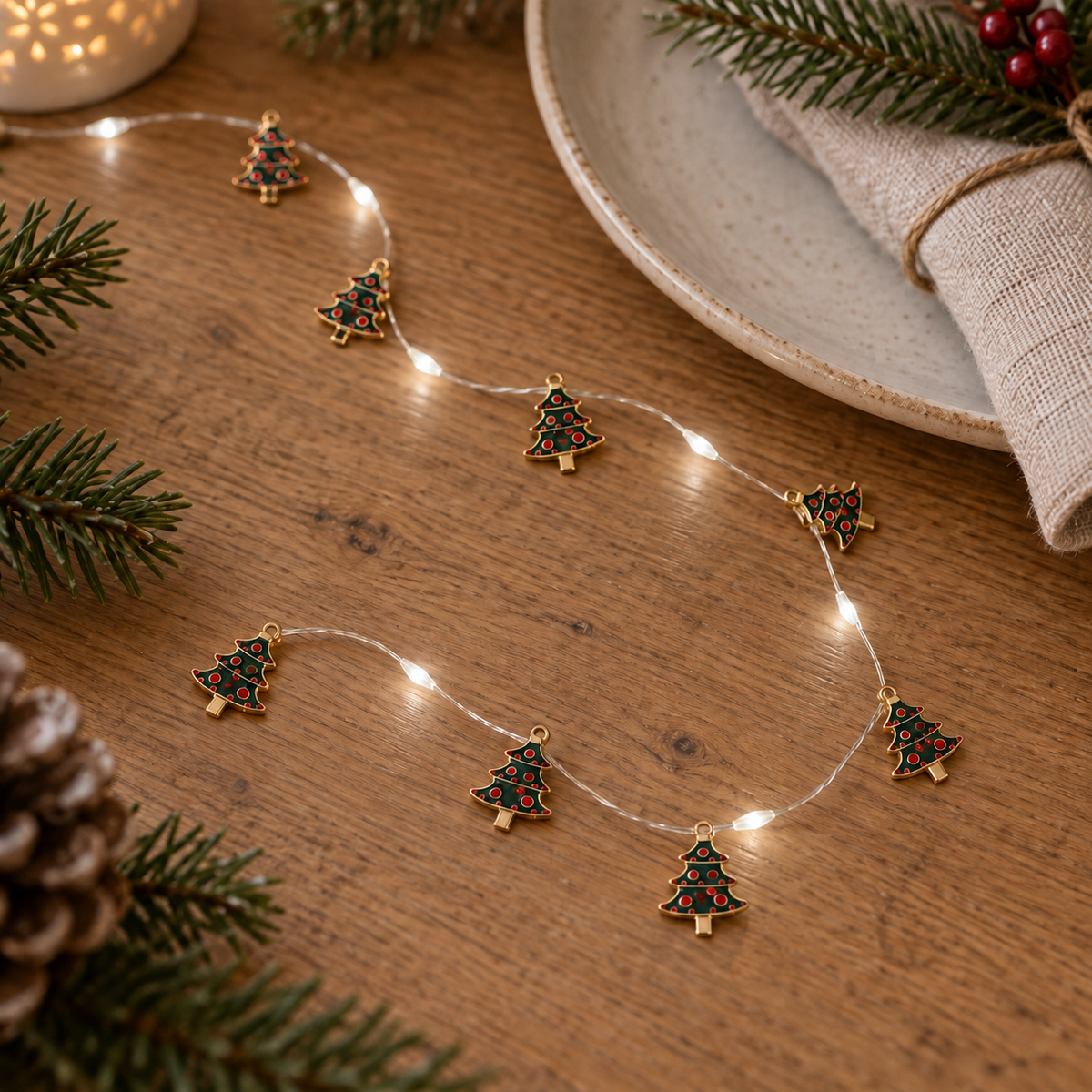 LED Lichterkette „Tannenfunkeln“ Tannenbäume Grün Warmweiß 130cm mit Timer – auf einem gedeckten Wintertisch