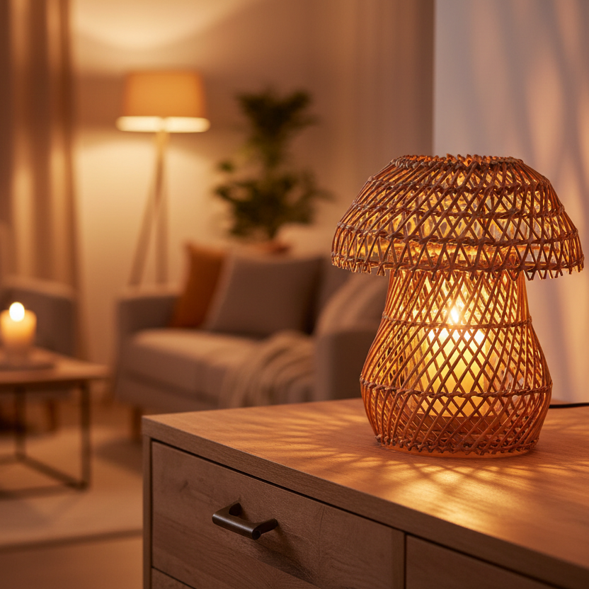 Windlicht Kerzenhalter Laterne „Tindra“ in Pilzform aus Rattan, Naturfarben, 25cm, im Korb-Design von Madam Stoltz