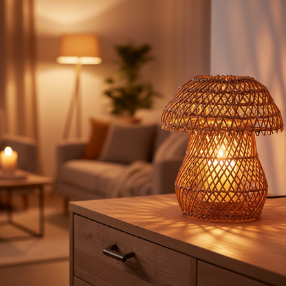 Windlicht Kerzenhalter Laterne „Tindra“ in Pilzform aus Rattan, Naturfarben, 25cm, im Korb-Design von Madam Stoltz