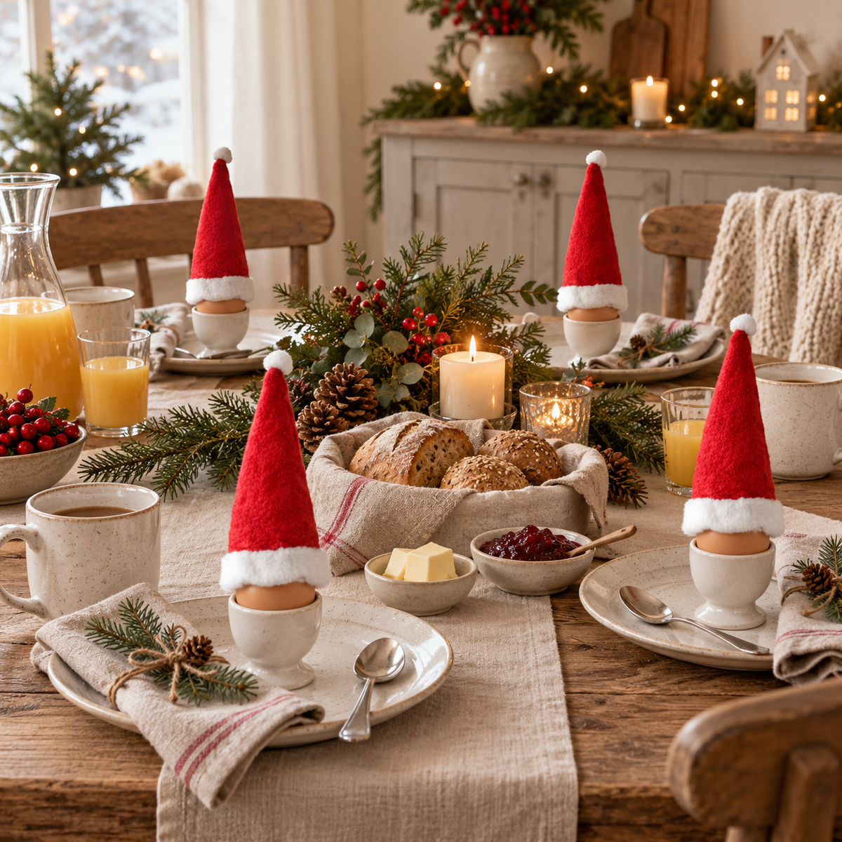 Vier Nikolausmützen über Eiern in Eierbechern an einer weihnachtlich gedeckten Frühstückstafel