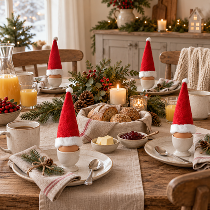 Vier Nikolausmützen über Eiern in Eierbechern an einer weihnachtlich gedeckten Frühstückstafel