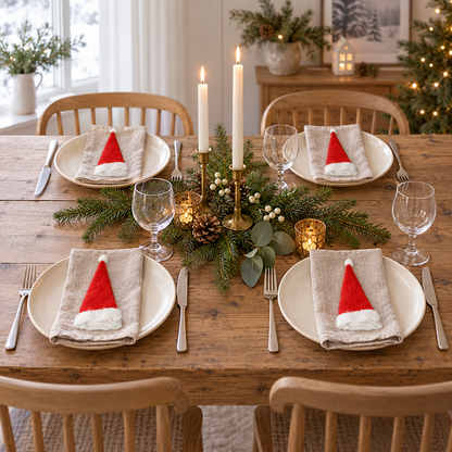 Vier rot-weiße Nikolausmützen auf den Tellern einer weihnachtlich gedeckten Tafel