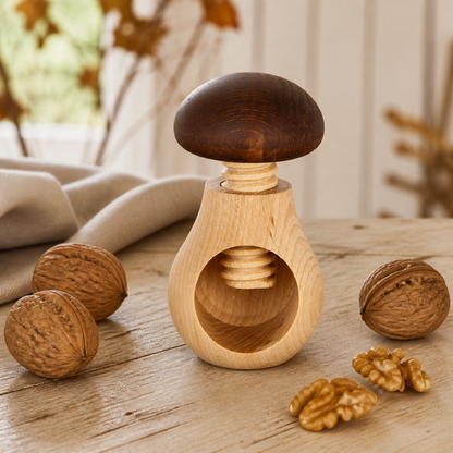 Hölzerner Pilz-Nussknacker mit Walnüssen im Landhausambiente