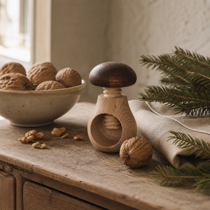 Nussknacker in Pilzform neben Walnüssen und Leinen auf einem Holztisch