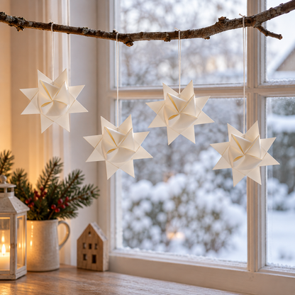Fröbelsterne „Winterfalten“ mittel Papier Weiß 10,5cm 4er-Set – am winterlichen Fenster